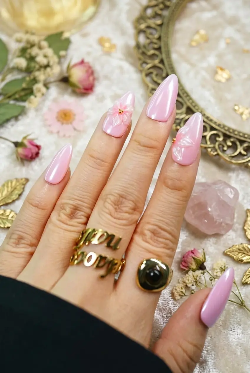 Elevate your everyday look with these stunning handmade press on nails in Aurora Petal Pink. Featuring a natural profile with a glassy shine finish, these reusable fake nails are detailed with delicate 3D gel flower accents and elegant gold beads. Perfect for anyone loving the Clean Girl aesthetic or looking for chic, salon-quality acrylic gel nails at home. Easy to apply, durable, and reusable. Tap to shop this gorgeous almond nail design! #stylishbelles #PressOnNails #NailArtDesigns #AlmondNails #FloralNails #GelNails #PinkNails #ManicureInspo #CuteNails #HandmadeNails #3DNailArt 3D gel press on nails in Aurora Petal Pink styled with gold rings and dried flowers.