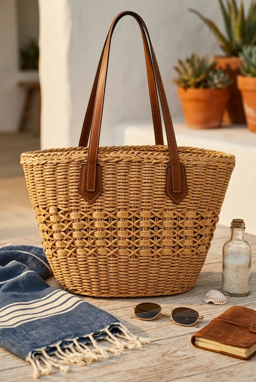 Straw beach bag for women styled outdoors with sunglasses and a striped beach towel