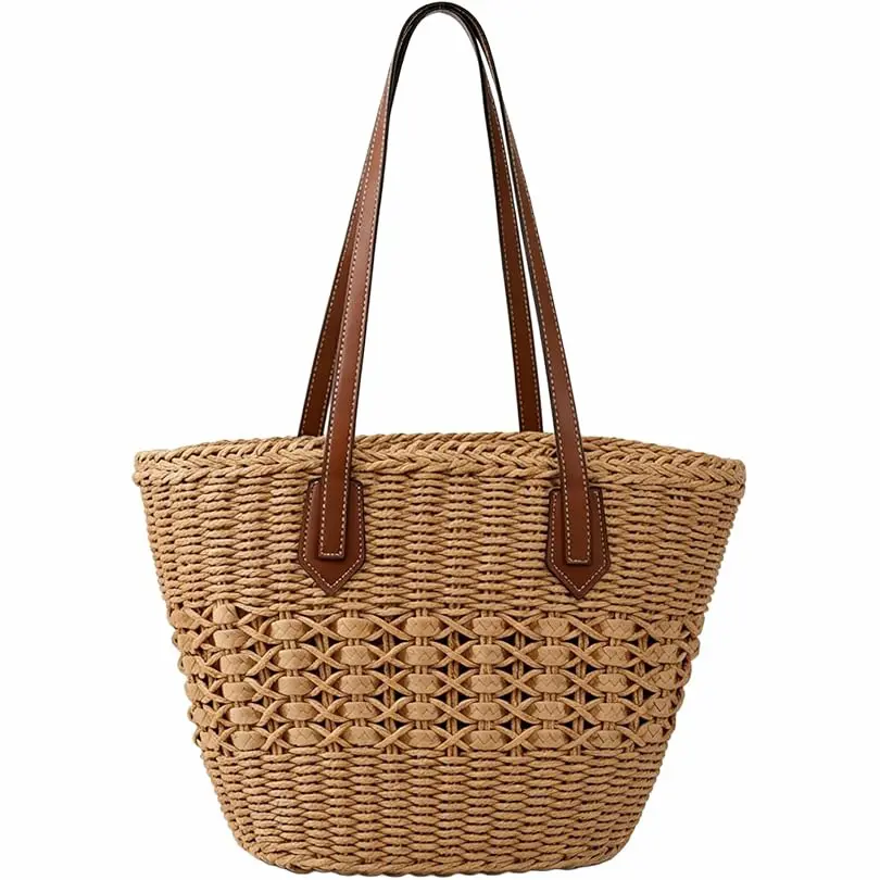 Straw beach bag for women with woven basket body and brown leather handles