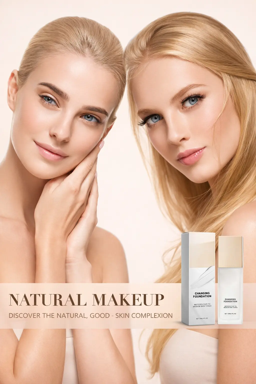 Two women showcasing a flawless natural nude makeup look after using the color changing foundation.