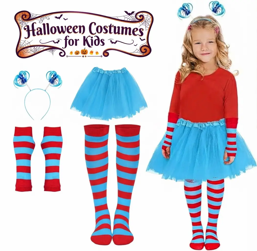 Book character costume for girls: blue tutu skirt, red and blue striped gloves and socks, and a ponytail headband worn by a young girl